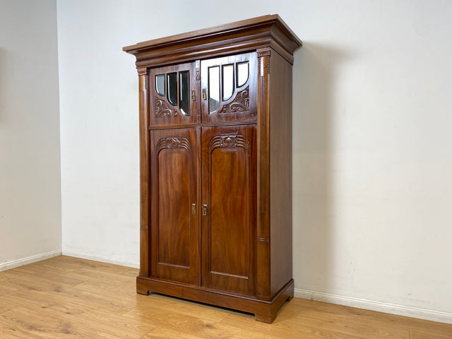 WMK I Vornehmes nordisches antikes Vertiko aus Mahagoni mit facettiertem Glas, handverziert I Schrank Kleiderschrank Wäscheschrank Bücher Vitrine Highboard Geschirrschrank Jugendstil Vintage Berlin