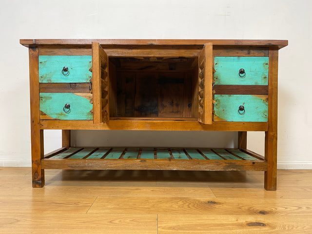 Boatwood by WMK I Nachhaltige Anrichte aus altem Bootsholz I handgefertigtes Unikat I Teakholz massiv I Schrank Sideboard Kommode Tresen Küchenschrank Büfett Buffet Flurkommode Berlin Rostock Hamburg