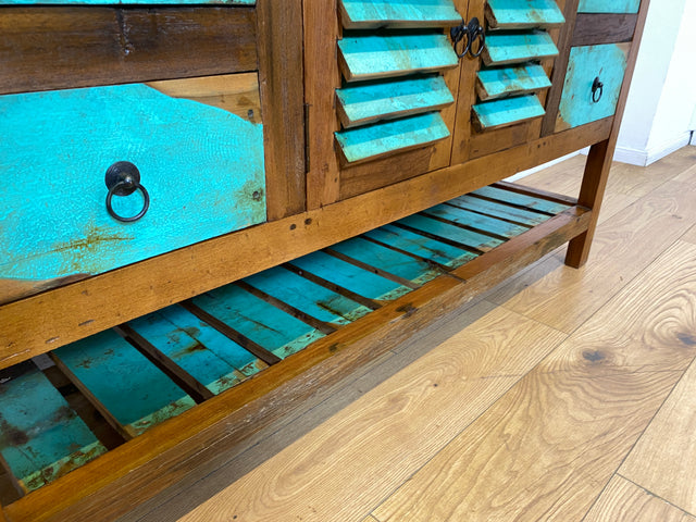 Boatwood by WMK I Nachhaltige Anrichte aus altem Bootsholz I handgefertigtes Unikat I Teakholz massiv I Schrank Sideboard Kommode Tresen Küchenschrank Büfett Buffet Flurkommode Berlin Rostock Hamburg