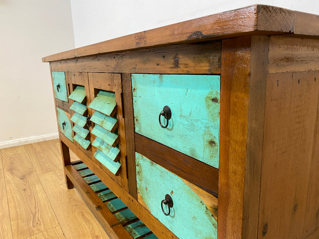 Boatwood by WMK I Nachhaltige Anrichte aus altem Bootsholz I handgefertigtes Unikat I Teakholz massiv I Schrank Sideboard Kommode Tresen Küchenschrank Büfett Buffet Flurkommode Berlin Rostock Hamburg