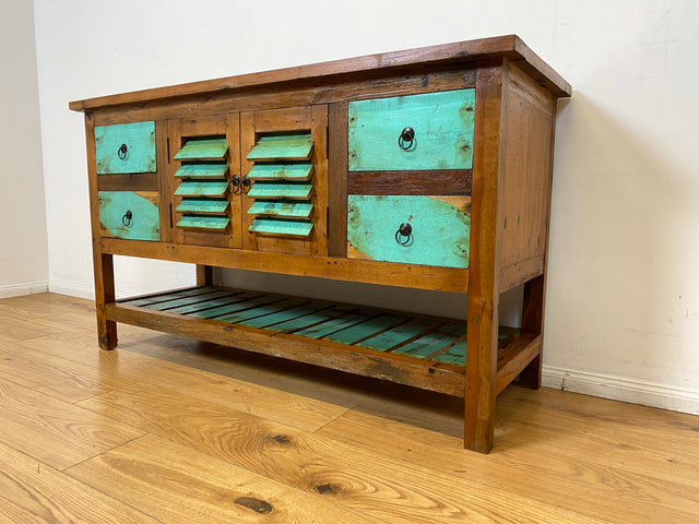 Boatwood by WMK I Nachhaltige Anrichte aus altem Bootsholz I handgefertigtes Unikat I Teakholz massiv I Schrank Sideboard Kommode Tresen Küchenschrank Büfett Buffet Flurkommode Berlin Rostock Hamburg