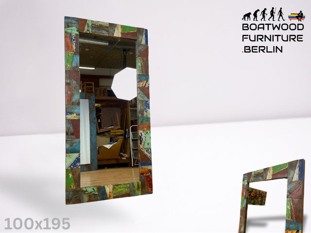 Boatwood by WMK I Nachhaltiger 100x195 großer Spiegel aus altem Bootsholz I handgefertigtes Unikat in Originalfarben I Wandspiegel Ganzkörperspiegel Standspiegel Flurspiegel Mirror Berlin Bremen NRW