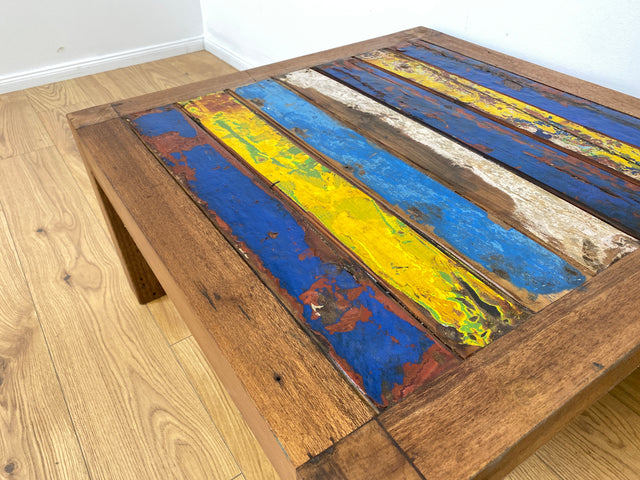 Boatwood by WMK # Besonderer Couchtisch (80x80cm) aus altem Bootsholz, ein handgefertigtes Unikat aus massivem Teakholz in Originalfarben der Boote # Sofatisch Wohnzimmertisch Coffee Table Bootsmöbel