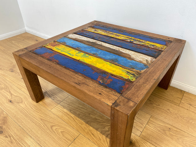 Boatwood by WMK # Besonderer Couchtisch (80x80cm) aus altem Bootsholz, ein handgefertigtes Unikat aus massivem Teakholz in Originalfarben der Boote # Sofatisch Wohnzimmertisch Coffee Table Bootsmöbel