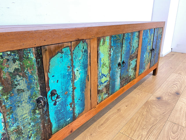 Boatwood by WMK # Nachhaltiges 180cm langes Sideboard aus altem Bootsholz, ein handgefertigtes Unikat aus massivem Teakholz # Kommode Lowboard TV Bank Board Anrichte Bootsmöbel Rostock Hamburg Usedom