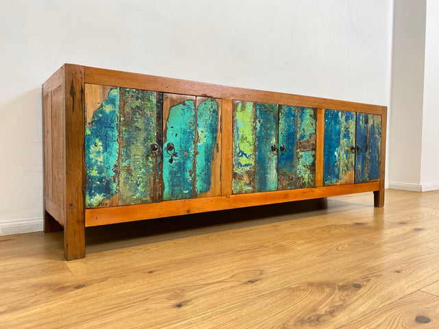 Boatwood by WMK # Nachhaltiges 180cm langes Sideboard aus altem Bootsholz, ein handgefertigtes Unikat aus massivem Teakholz # Kommode Lowboard TV Bank Board Anrichte Bootsmöbel Rostock Hamburg Usedom