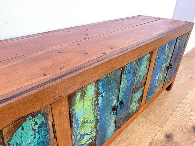 Boatwood by WMK # Nachhaltiges 180cm langes Sideboard aus altem Bootsholz, ein handgefertigtes Unikat aus massivem Teakholz # Kommode Lowboard TV Bank Board Anrichte Bootsmöbel Rostock Hamburg Usedom