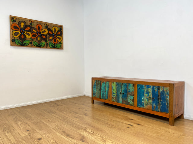 Boatwood by WMK # Nachhaltiges 180cm langes Sideboard aus altem Bootsholz, ein handgefertigtes Unikat aus massivem Teakholz # Kommode Lowboard TV Bank Board Anrichte Bootsmöbel Rostock Hamburg Usedom
