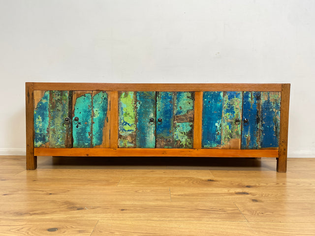 Boatwood by WMK # Nachhaltiges 180cm langes Sideboard aus altem Bootsholz, ein handgefertigtes Unikat aus massivem Teakholz # Kommode Lowboard TV Bank Board Anrichte Bootsmöbel Rostock Hamburg Usedom