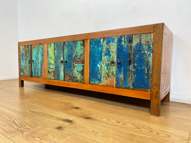 Boatwood by WMK # Nachhaltiges 180cm langes Sideboard aus altem Bootsholz, ein handgefertigtes Unikat aus massivem Teakholz # Kommode Lowboard TV Bank Board Anrichte Bootsmöbel Rostock Hamburg Usedom