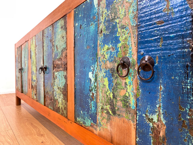 Boatwood by WMK # Nachhaltiges 180cm langes Sideboard aus altem Bootsholz, ein handgefertigtes Unikat aus massivem Teakholz # Kommode Lowboard TV Bank Board Anrichte Bootsmöbel Rostock Hamburg Usedom