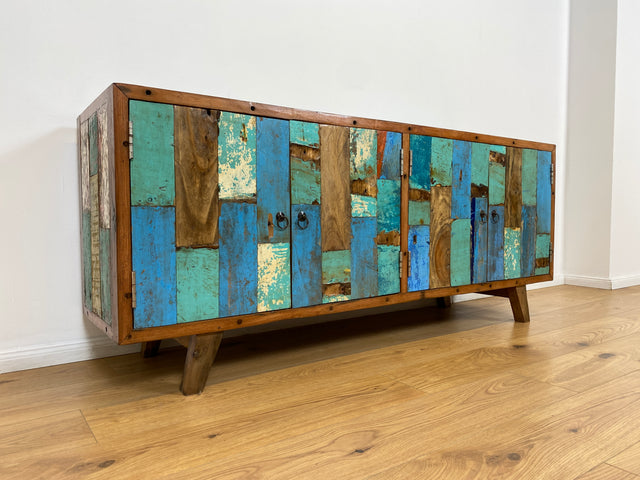 Boatwood by WMK # Bunterschönes & nachhaltiges Sideboard aus altem Bootsholz, ein handgefertigtes Unikat aus massivem Teakholz # Kommode Anrichte TV-Bank TV-Lowboard Fernsehkommode Bootsmöbel Teak