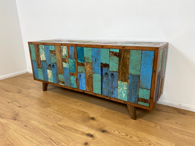 Boatwood by WMK # Bunterschönes & nachhaltiges Sideboard aus altem Bootsholz, ein handgefertigtes Unikat aus massivem Teakholz # Kommode Anrichte TV-Bank TV-Lowboard Fernsehkommode Bootsmöbel Teak