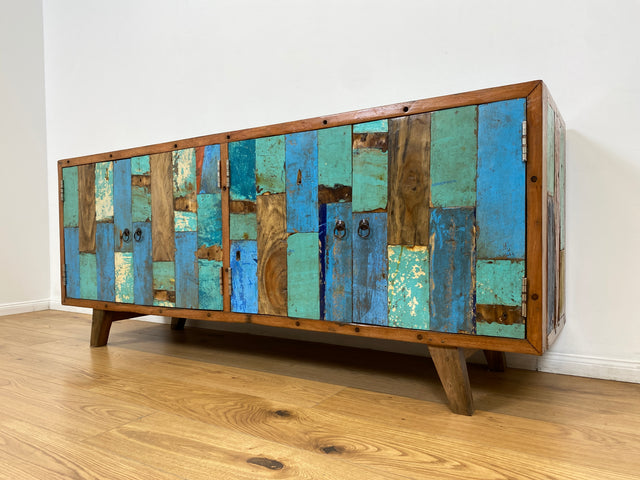 Boatwood by WMK # Bunterschönes & nachhaltiges Sideboard aus altem Bootsholz, ein handgefertigtes Unikat aus massivem Teakholz # Kommode Anrichte TV-Bank TV-Lowboard Fernsehkommode Bootsmöbel Teak