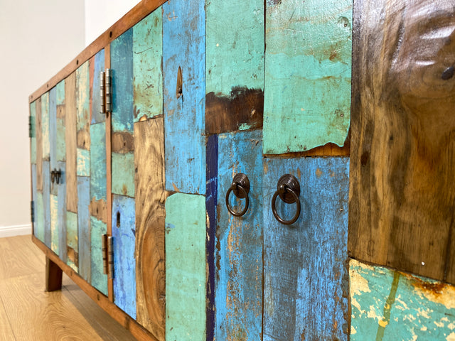 Boatwood by WMK # Bunterschönes & nachhaltiges Sideboard aus altem Bootsholz, ein handgefertigtes Unikat aus massivem Teakholz # Kommode Anrichte TV-Bank TV-Lowboard Fernsehkommode Bootsmöbel Teak