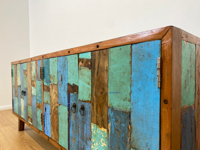 Boatwood by WMK # Bunterschönes & nachhaltiges Sideboard aus altem Bootsholz, ein handgefertigtes Unikat aus massivem Teakholz # Kommode Anrichte TV-Bank TV-Lowboard Fernsehkommode Bootsmöbel Teak
