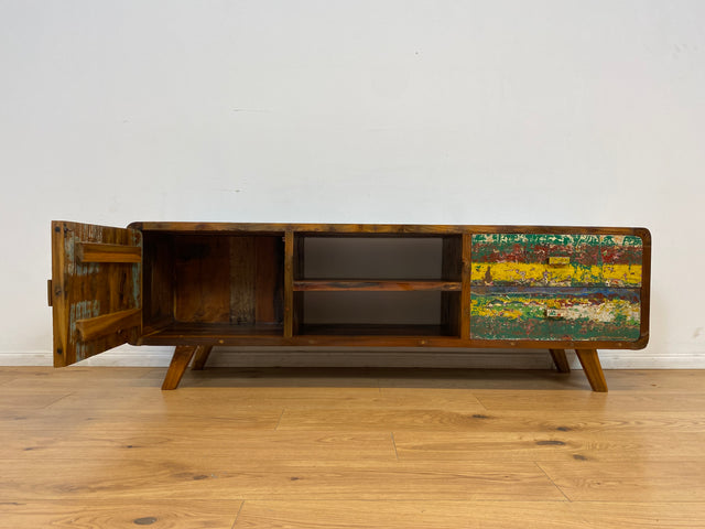 Boatwood by WMK # Nachhaltiges buntes TV-Lowboard mit Schubladen, ein aus altem Bootsholz handgefertigtes Unikat aus massivem Teakholz # Sideboard Lowboard Kommode TV-Bank Fernsehkommode Bootsmöbel
