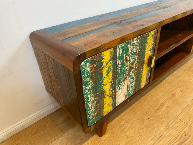 Boatwood by WMK # Nachhaltiges buntes TV-Lowboard mit Schubladen, ein aus altem Bootsholz handgefertigtes Unikat aus massivem Teakholz # Sideboard Lowboard Kommode TV-Bank Fernsehkommode Bootsmöbel