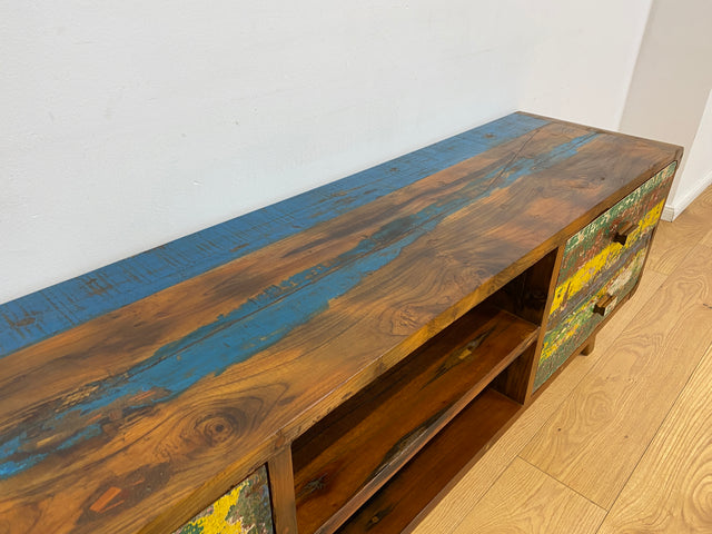 Boatwood by WMK # Nachhaltiges buntes TV-Lowboard mit Schubladen, ein aus altem Bootsholz handgefertigtes Unikat aus massivem Teakholz # Sideboard Lowboard Kommode TV-Bank Fernsehkommode Bootsmöbel