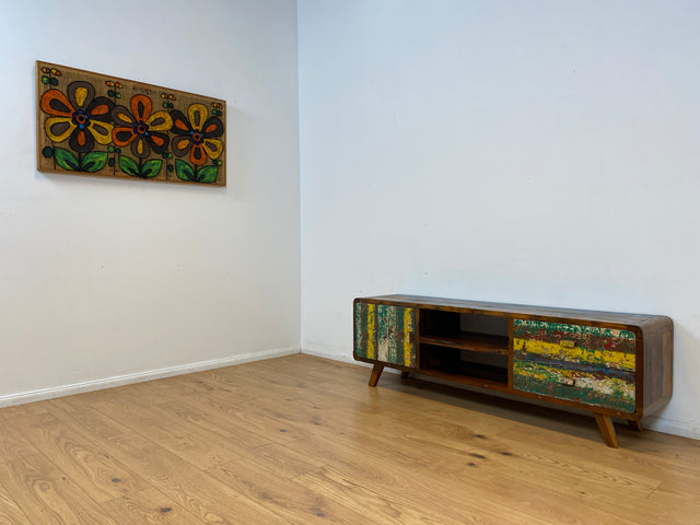 Boatwood by WMK # Nachhaltiges buntes TV-Lowboard mit Schubladen, ein aus altem Bootsholz handgefertigtes Unikat aus massivem Teakholz # Sideboard Lowboard Kommode TV-Bank Fernsehkommode Bootsmöbel
