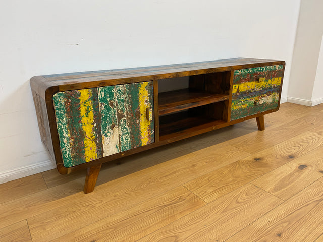Boatwood by WMK # Nachhaltiges buntes TV-Lowboard mit Schubladen, ein aus altem Bootsholz handgefertigtes Unikat aus massivem Teakholz # Sideboard Lowboard Kommode TV-Bank Fernsehkommode Bootsmöbel