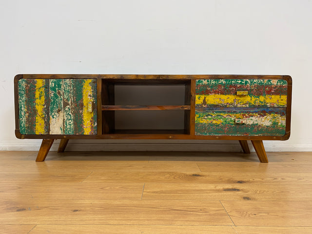 Boatwood by WMK # Nachhaltiges buntes TV-Lowboard mit Schubladen, ein aus altem Bootsholz handgefertigtes Unikat aus massivem Teakholz # Sideboard Lowboard Kommode TV-Bank Fernsehkommode Bootsmöbel