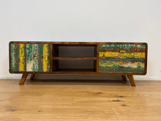 Boatwood by WMK # Nachhaltiges buntes TV-Lowboard mit Schubladen, ein aus altem Bootsholz handgefertigtes Unikat aus massivem Teakholz # Sideboard Lowboard Kommode TV-Bank Fernsehkommode Bootsmöbel