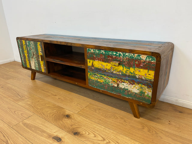 Boatwood by WMK # Nachhaltiges buntes TV-Lowboard mit Schubladen, ein aus altem Bootsholz handgefertigtes Unikat aus massivem Teakholz # Sideboard Lowboard Kommode TV-Bank Fernsehkommode Bootsmöbel