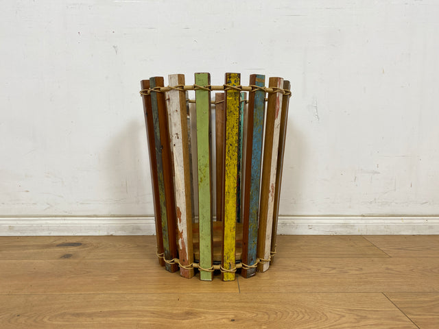 Boatwood by WMK # 1/3 Einzigartiger Papierkorb aus altem Bootsholz, ein handgefertigtes Unikat aus Teakholz , ⌀40cm # bunter Papiereimer Eimer Abfalleimer Korb Mülleimer Müllkorb Blumentopf Upcycling
