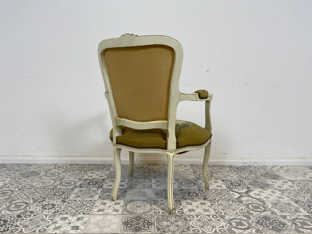 WMK# 1/2 Eleganter Sessel aus 1960ern im Rokoko Stil mit weiß-goldem Holzrahmen, floralem Gobelin Bezug & Federkern I Armlehnstuhl Stuhl Armchair Sitzgarnitur Chippendale Stilmöbel Louis XV Vintage