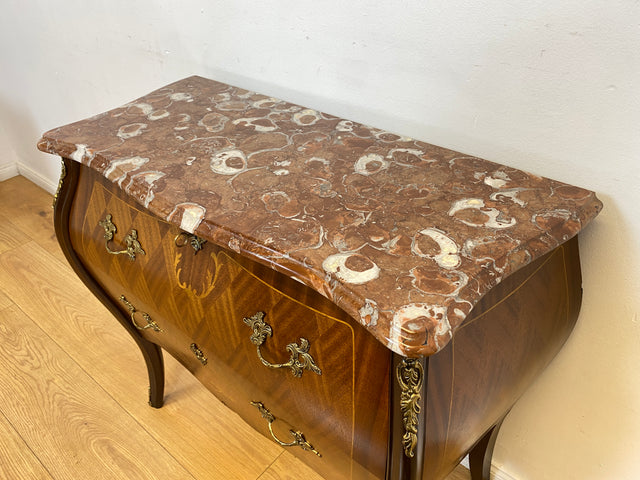 WMK I Elegante kleine skandinavische Stilmöbel Bombé Kommode von Rydén Möbler, Vollholz, mit Schubladen & edler Marmor Platte I Schrank Dresser Flur Barock Rokoko Louis XV Vintage Berlin Hessen Bayern