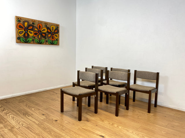 WMK # Set aus 6 stilvollen skandinavischen Vintage Esszimmerstühlen mit braunem Holzgestell und hochwertigem grauem Wollbezug I Stühle Küchenstühle Holzstühle Dining Chairs 70er 80er Berlin Jena Bonn