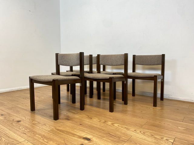 WMK # Set aus 6 stilvollen skandinavischen Vintage Esszimmerstühlen mit braunem Holzgestell und hochwertigem grauem Wollbezug I Stühle Küchenstühle Holzstühle Dining Chairs 70er 80er Berlin Jena Bonn