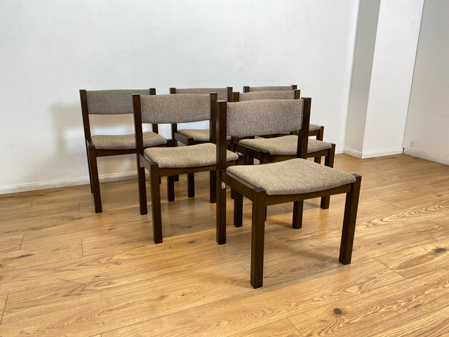WMK # Set aus 6 stilvollen skandinavischen Vintage Esszimmerstühlen mit braunem Holzgestell und hochwertigem grauem Wollbezug I Stühle Küchenstühle Holzstühle Dining Chairs 70er 80er Berlin Jena Bonn