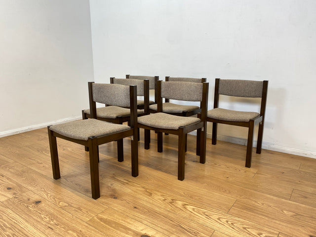 WMK # Set aus 6 stilvollen skandinavischen Vintage Esszimmerstühlen mit braunem Holzgestell und hochwertigem grauem Wollbezug I Stühle Küchenstühle Holzstühle Dining Chairs 70er 80er Berlin Jena Bonn