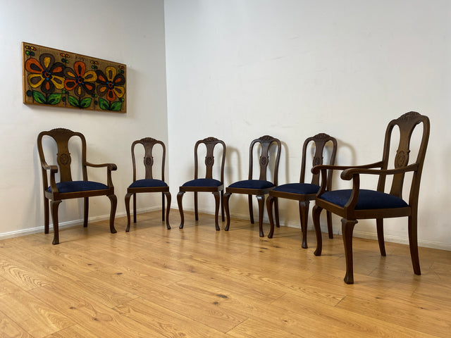 WMK I Set aus 6 eleganten und sehr gut erhaltenen antiken Stühlen aus Eichenholz mit feinem Brokat Bezug