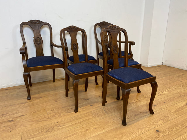 WMK I Set aus 6 eleganten und sehr gut erhaltenen antiken Stühlen aus Eichenholz mit feinem Brokat Bezug