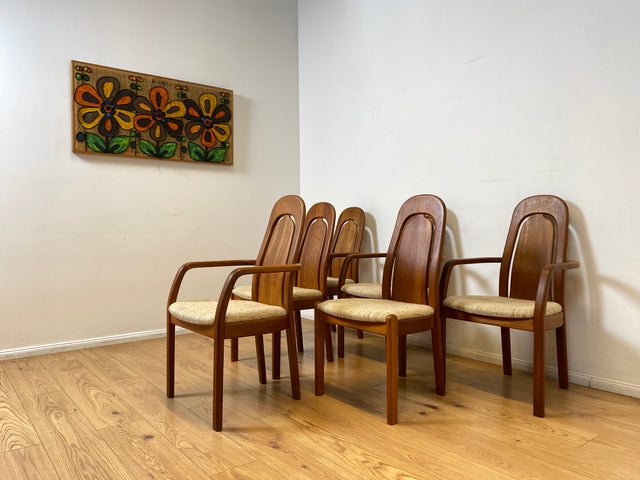 WMK I Set aus 6 hochwertigen skandinavischen Designer Stühlen I EMC Furniture I Teakholz massiv I naturbeiger Originalbezug I Dining Chairs Armlehnen Esszimmer Danish Design Mid-Century Vintage Teak