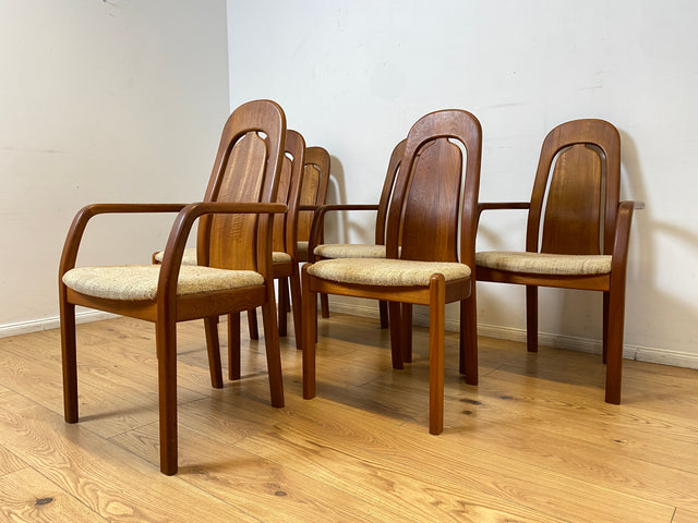WMK I Set aus 6 hochwertigen skandinavischen Designer Stühlen I EMC Furniture I Teakholz massiv I naturbeiger Originalbezug I Dining Chairs Armlehnen Esszimmer Danish Design Mid-Century Vintage Teak