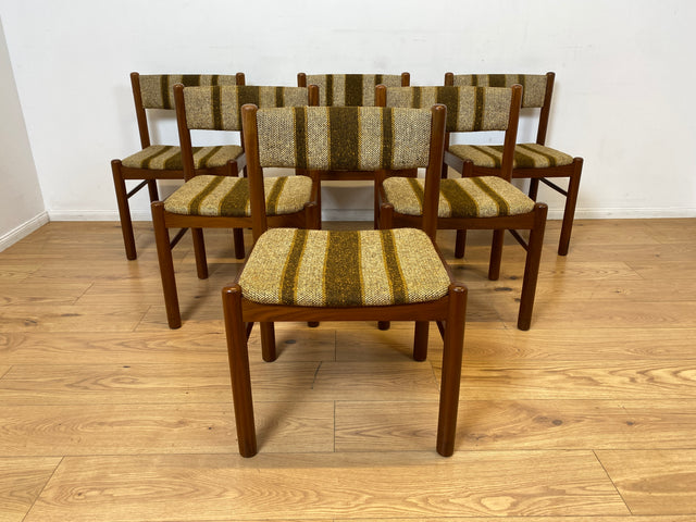 WMK I Set aus 6 stilvollen skandinavischen Mid-Century Designer Stühlen von Farstrup I Teakholz Rahmen & Wollbezug I Stühle Chairs Esszimmer Küchen Holz Danish Design Vintage Berlin Leipzig Rostock