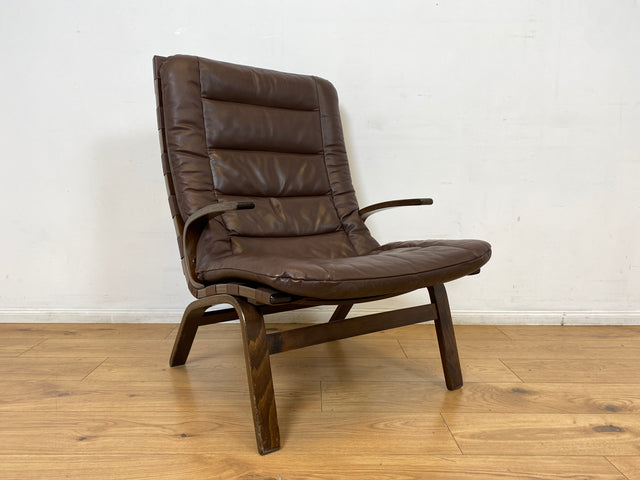 WMK I Skandinavischer Designer Sessel von Miljo Range für Farstrup Møbler mit Echtleder Bezug & Bugholz Rahmen I Armchair Lesesessel Freischwinger Relax Leder Leather Danish Design Mid-Century Vintage