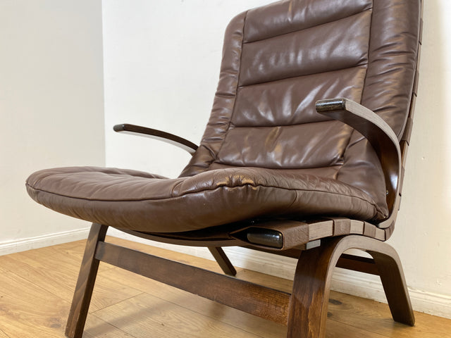 WMK I Skandinavischer Designer Sessel von Miljo Range für Farstrup Møbler mit Echtleder Bezug & Bugholz Rahmen I Armchair Lesesessel Freischwinger Relax Leder Leather Danish Design Mid-Century Vintage