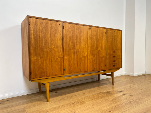 WMK # Hochwertiges skandinavisches 60er Jahre Highboard in Teakholz mit Schubladen, Barfach und formschönen Holzgriffen # Schrank Sideboard Anrichte Barschrank Danish Design Mid-Century Vintage Teak