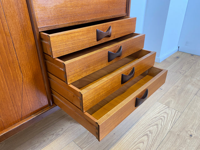 WMK # Skandinavisches Mid-Century Designer Highboard "Roseto" by Svante Skogh for Abra, Vollholz in Teak, mit Schubladen & Bar # Sideboard Schrank Barschrank Kommode Danish Design Vintage Teak 60er