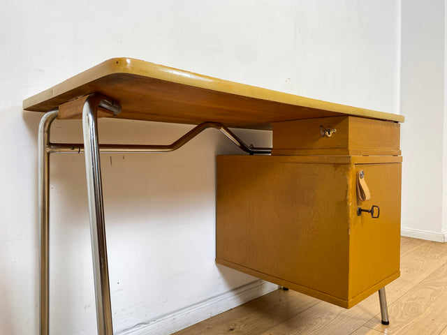 WMK I Kultiger kleiner Space Age Schreibtisch auf formschönem Chrom Gestell mit Ledergriff & 6 Schubladen I Desk Arbeitstisch Computertisch Kinderschreibtisch Sekretär Retro Vintage 60er 70er Hamburg