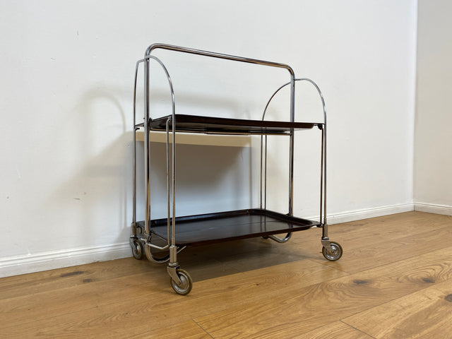 WMK # Kultiger & sehr gut erhaltener faltbarer 70er Jahre Servierwagen mit Chromgestell & auf Rollen # Teewagen Barwagen Beistelltisch Couchtisch Klapptisch Vintage Industrial Design Space Age Retro