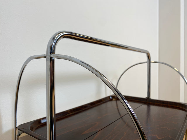 WMK # Kultiger & sehr gut erhaltener faltbarer 70er Jahre Servierwagen mit Chromgestell & auf Rollen # Teewagen Barwagen Beistelltisch Couchtisch Klapptisch Vintage Industrial Design Space Age Retro