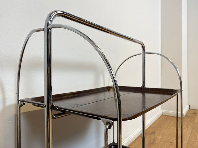 WMK # Kultiger & sehr gut erhaltener faltbarer 70er Jahre Servierwagen mit Chromgestell & auf Rollen # Teewagen Barwagen Beistelltisch Couchtisch Klapptisch Vintage Industrial Design Space Age Retro
