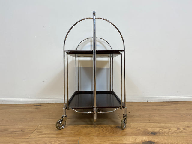 WMK # Kultiger & sehr gut erhaltener faltbarer 70er Jahre Servierwagen mit Chromgestell & auf Rollen # Teewagen Barwagen Beistelltisch Couchtisch Klapptisch Vintage Industrial Design Space Age Retro