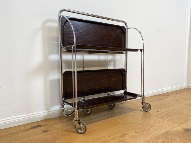 WMK # Kultiger & sehr gut erhaltener faltbarer 70er Jahre Servierwagen mit Chromgestell & auf Rollen # Teewagen Barwagen Beistelltisch Couchtisch Klapptisch Vintage Industrial Design Space Age Retro
